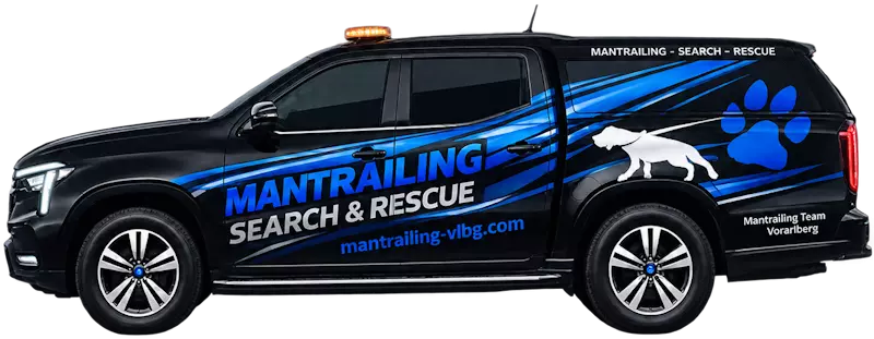 Originales Einsatzfahrzeug Mantrailing Team Vorarlberg – Pickup mit Search & Rescue Beschriftung